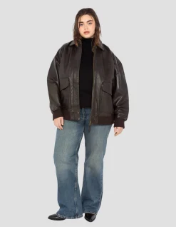 Blouson aviateur marron souple coupe boyfriend, cuir d'agneau lavé, grande taille - MARRON