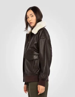 Blouson aviateur souple marron coupe boyfriend, cuir d'agneau - MARRON