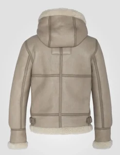 Blouson bombardier B-3 beige clair à capuche, cuir de mouton - BEIGE CLAIR
