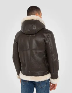 Blouson bombardier B-3 marron à capuche, cuir de mouton - MARRON