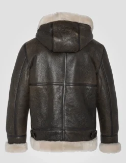 Blouson bombardier B-3 marron à capuche, cuir de mouton - MARRON