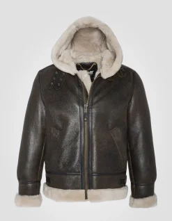Blouson bombardier B-3 marron à capuche, cuir de mouton, grande taille - MARRON