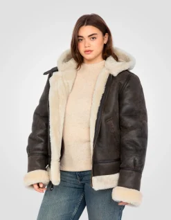 Blouson bombardier B-3 marron à capuche, cuir de mouton, grande taille - MARRON