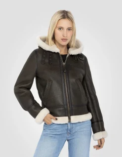 Blouson bombardier B-3 marron foncé à capuche, cuir de mouton - MARRON FONCÉ