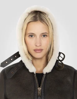 Blouson bombardier B-3 marron foncé à capuche, cuir de mouton - MARRON FONCÉ