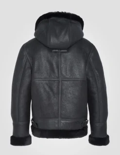 Blouson bombardier B-3 noir à capuche, cuir de mouton, grande taille - NOIR