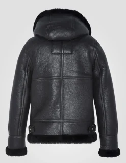 Blouson bombardier B-3 noir à capuche, cuir de mouton - NOIR