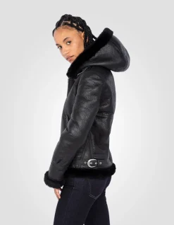 Blouson bombardier B-3 noir à capuche, cuir de mouton - NOIR