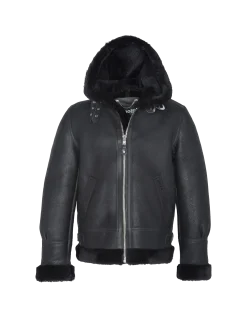Blouson bombardier B-3 noir à capuche, cuir de mouton - NOIR
