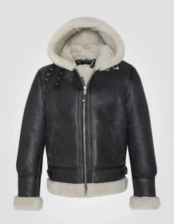 Blouson bombardier B-3 noir et blanc à capuche, cuir de mouton, grande taille - NOIR/BLANC CASSÉ