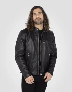 Blouson café racer noir, cuir d'agneau - NOIR