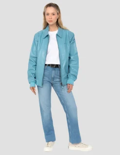 Blouson casual bleu ciel, cuir de vachette - BLEU CIEL