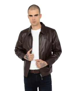 Blouson casual marron clair, cuir de vachette - MARRON CLAIR