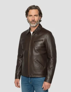 Blouson casual marron foncé, cuir de vachette - MARRON FONCÉ