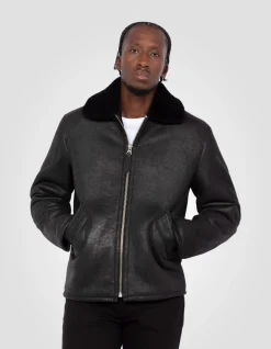 Blouson casual noir, cuir de mouton - NOIR