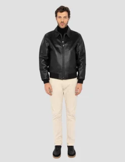 Blouson casual noir finition bord côte, cuir de vachette - NOIR