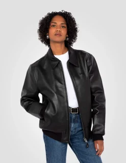 Blouson casual noir finition bord côte, cuir de vachette - NOIR
