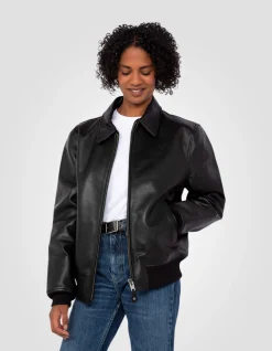 Blouson casual noir finition bord côte, cuir de vachette - NOIR