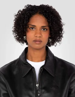 Blouson casual noir finition bord côte, cuir de vachette - NOIR