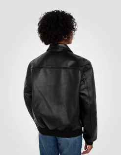 Blouson casual noir finition bord côte, cuir de vachette - NOIR