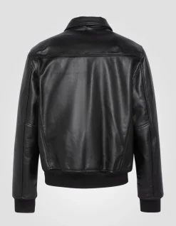 Blouson casual noir finition bord côte, cuir de vachette - NOIR