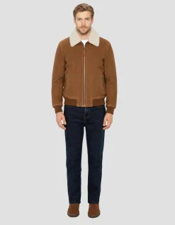 Blouson casual rouille avec col mouton amovible, chèvre velours - ROUILLE