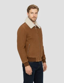 Blouson casual rouille avec col mouton amovible, chèvre velours - ROUILLE