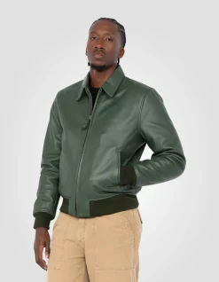 Blouson casual vert finition bord côte, cuir de vachette - VERT