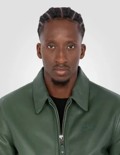 Blouson casual vert finition bord côte, cuir de vachette - VERT