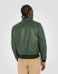 Blouson casual vert finition bord côte, cuir de vachette - VERT