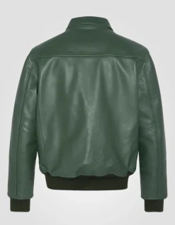 Blouson casual vert finition bord côte, cuir de vachette - VERT