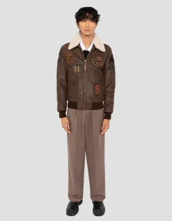 Blouson marron aviateur vintage badgé, cuir de chèvre - MARRON