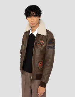Blouson marron aviateur vintage badgé, cuir de chèvre - MARRON