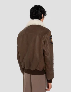 Blouson marron aviateur vintage badgé, cuir de chèvre - MARRON