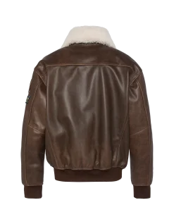 Blouson marron aviateur vintage badgé, cuir de chèvre - MARRON