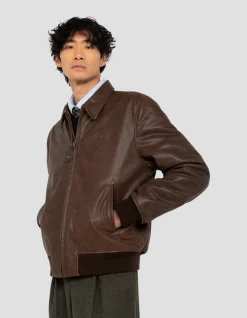 Blouson marron casual vintage, cuir de chèvre - MARRON VINTAGE