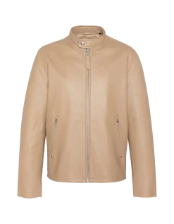 Blouson motard beige, cuir d'agneau - BEIGE
