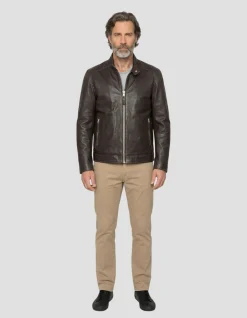 Blouson motard marron, cuir d'agneau - MARRON