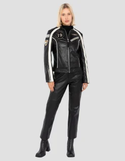 Blouson motard noir badgé, cuir de vachette - NOIR