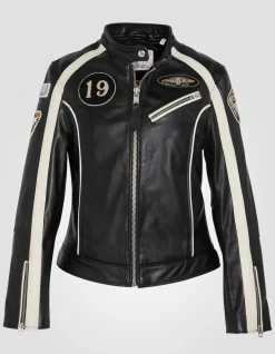 Blouson motard noir badgé, cuir de vachette - NOIR