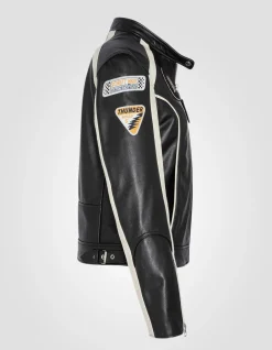 Blouson motard noir badgé, cuir de vachette - NOIR