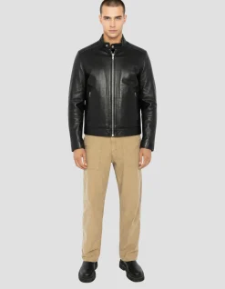 Blouson motard noir, cuir d'agneau - NOIR