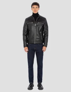 Blouson motard noir, cuir d'agneau - NOIR