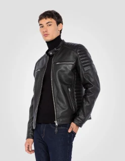 Blouson motard noir, cuir d'agneau - NOIR