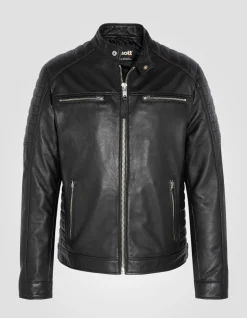Blouson motard noir, cuir d'agneau - NOIR