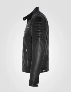 Blouson motard noir, cuir d'agneau - NOIR