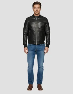Blouson motard noir multipoches, cuir d'agneau - NOIR