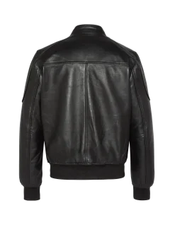 Blouson motard noir multipoches, cuir d'agneau - NOIR