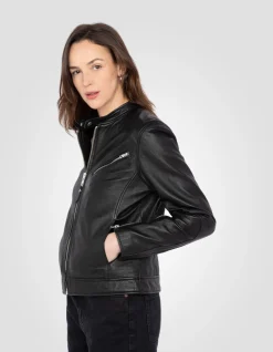 Blouson motard souple noir, cuir d'agneau lavé - NOIR