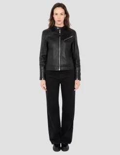 Blouson motard souple noir, cuir d'agneau lavé - NOIR